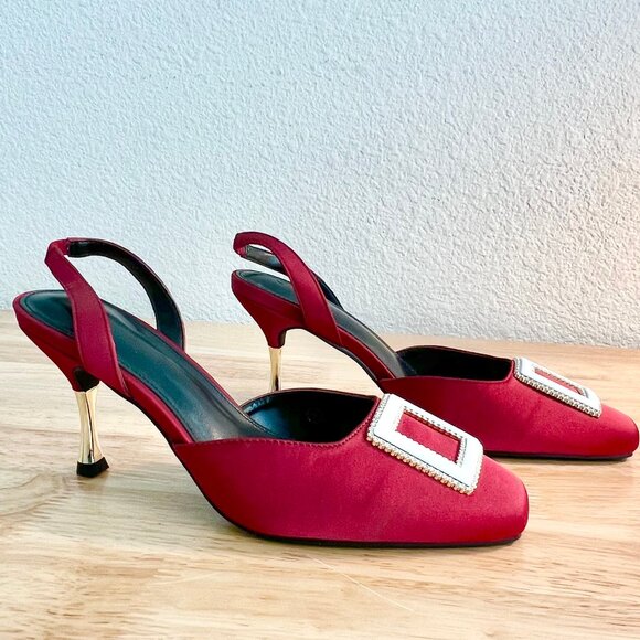 Women's 8US Jewel Tone Red Slingback Square Toe Buckle Embellished Stiletto Heel - Picture 4 of 8